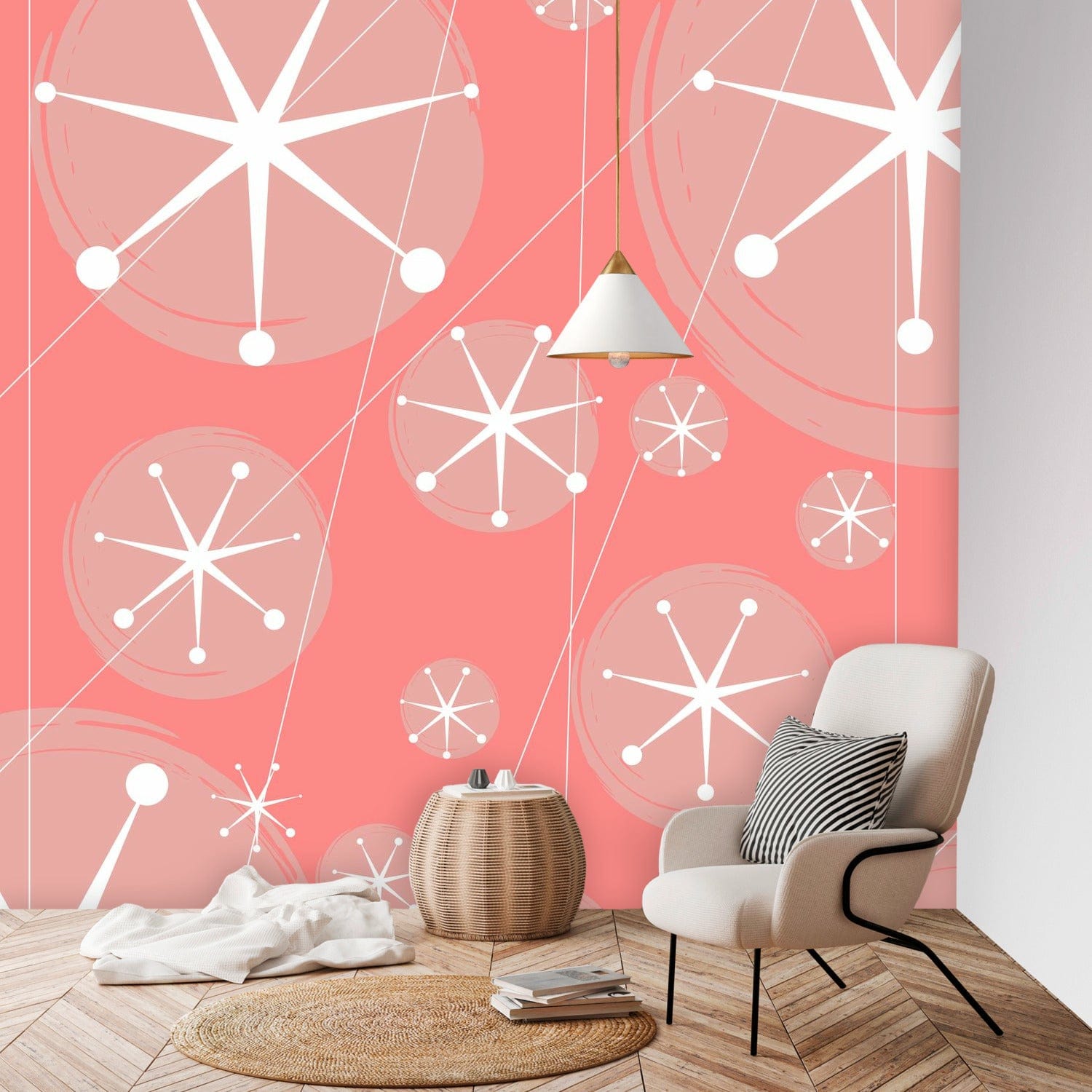 Mid Century Modern, Atomic Starburst, Retro Pink, White, Peel And Stick Wall Murals Wallpaper H96 x W100