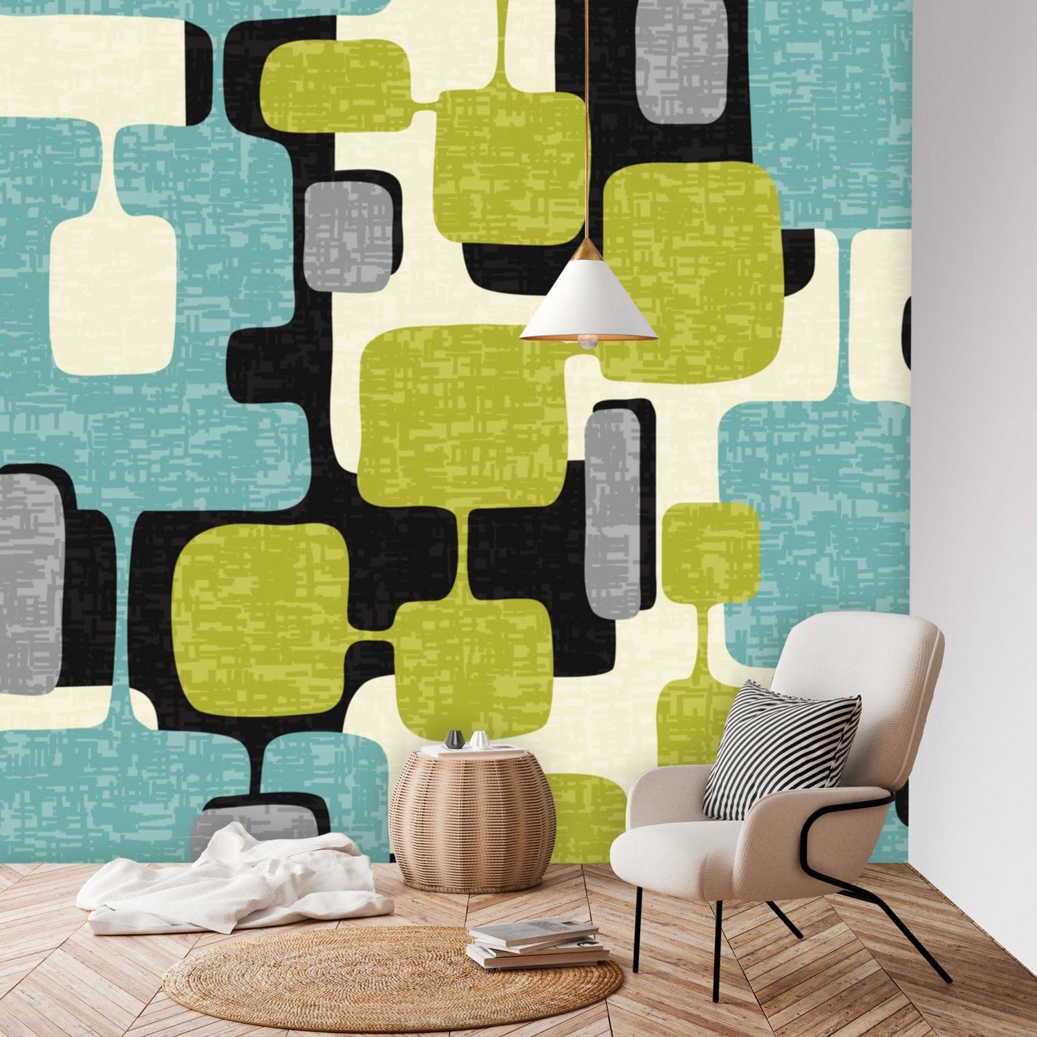 Mid Century Modern Home Décor, Abstract, Gray, Black, Lime Green, Teal Color Block Peel And StickWall Murals Wallpaper H96 x W100