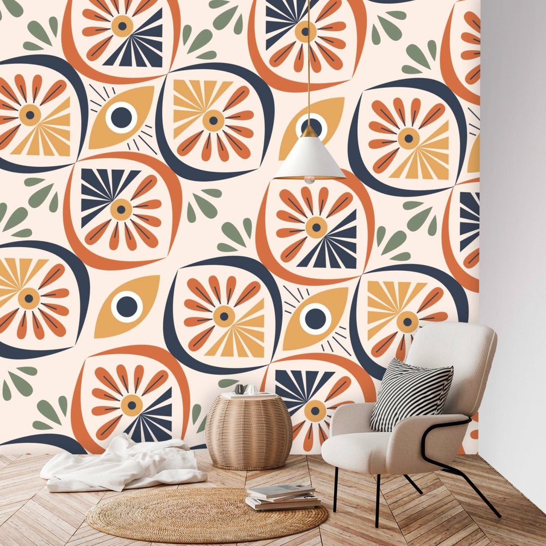 Mid Century Modern, Retro Bohemian, Blue, Yellow, Orange, Sage Green, Geometric Peel And Stick Wall Murals Wallpaper H96 x W100