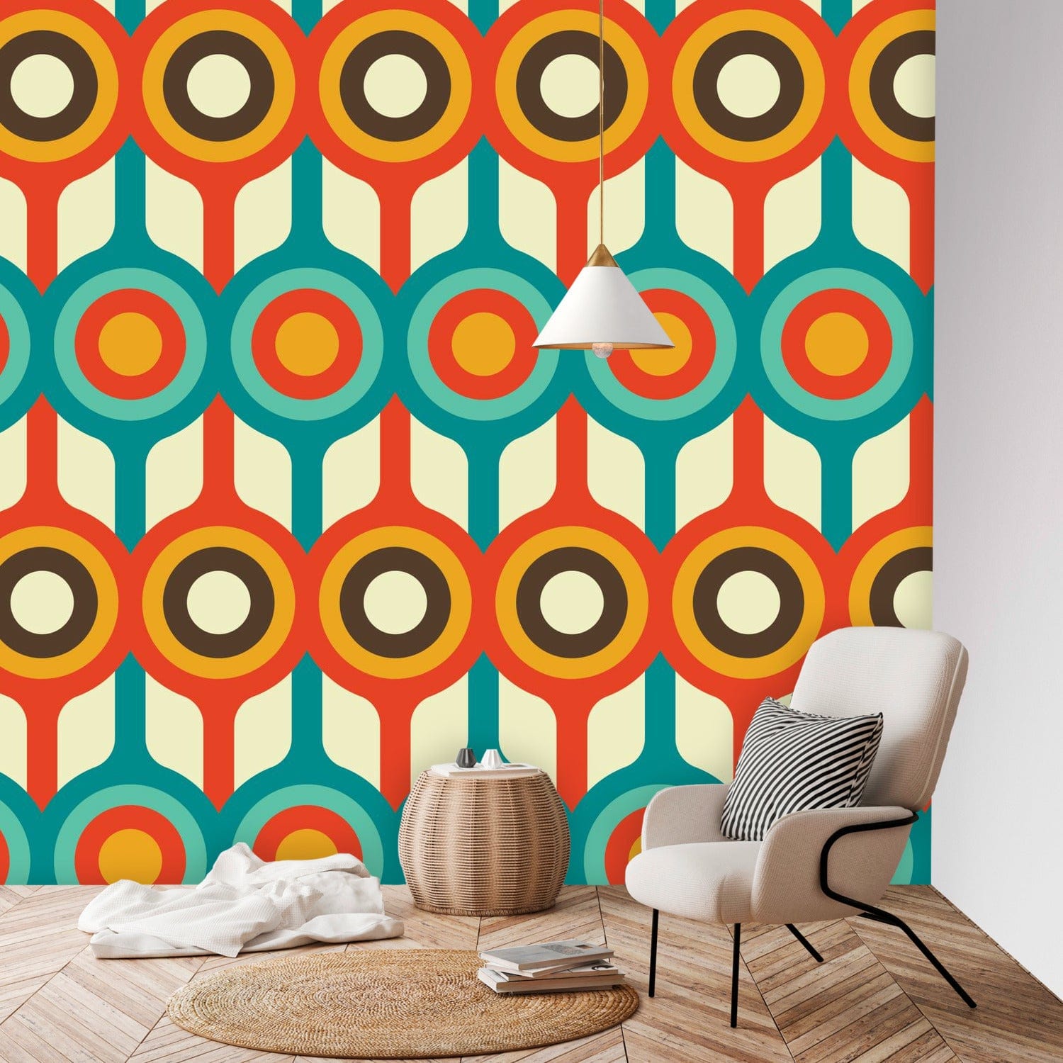 Mid Century Modern, Retro Groovy, Orange, Brown, Teal, Cream, Geometric Peel And Stick Wall Murals Wallpaper H96 x W100