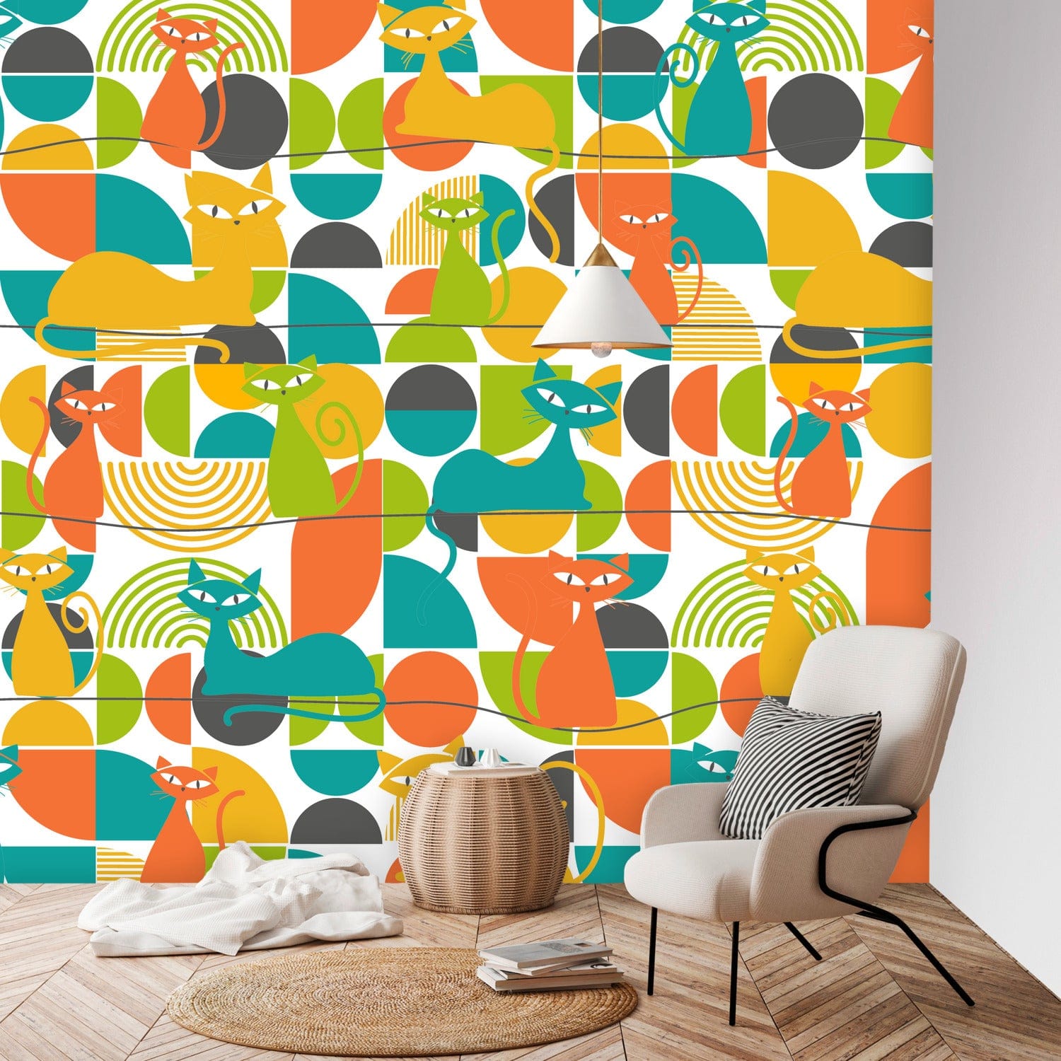 Mid Century Modern Wallpaper, Atomic Kitties, Geometric, Bold, Colorful, Orange, Teal, Yellow, Funky Fun, Kitsch Retro, Wall Murals Wallpaper H96 x W100