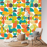 Mid Century Modern Wallpaper, Atomic Kitties, Geometric, Bold, Colorful, Orange, Teal, Yellow, Funky Fun, Kitsch Retro, Wall Murals Wallpaper H96 x W100 Mid Century Modern Gal