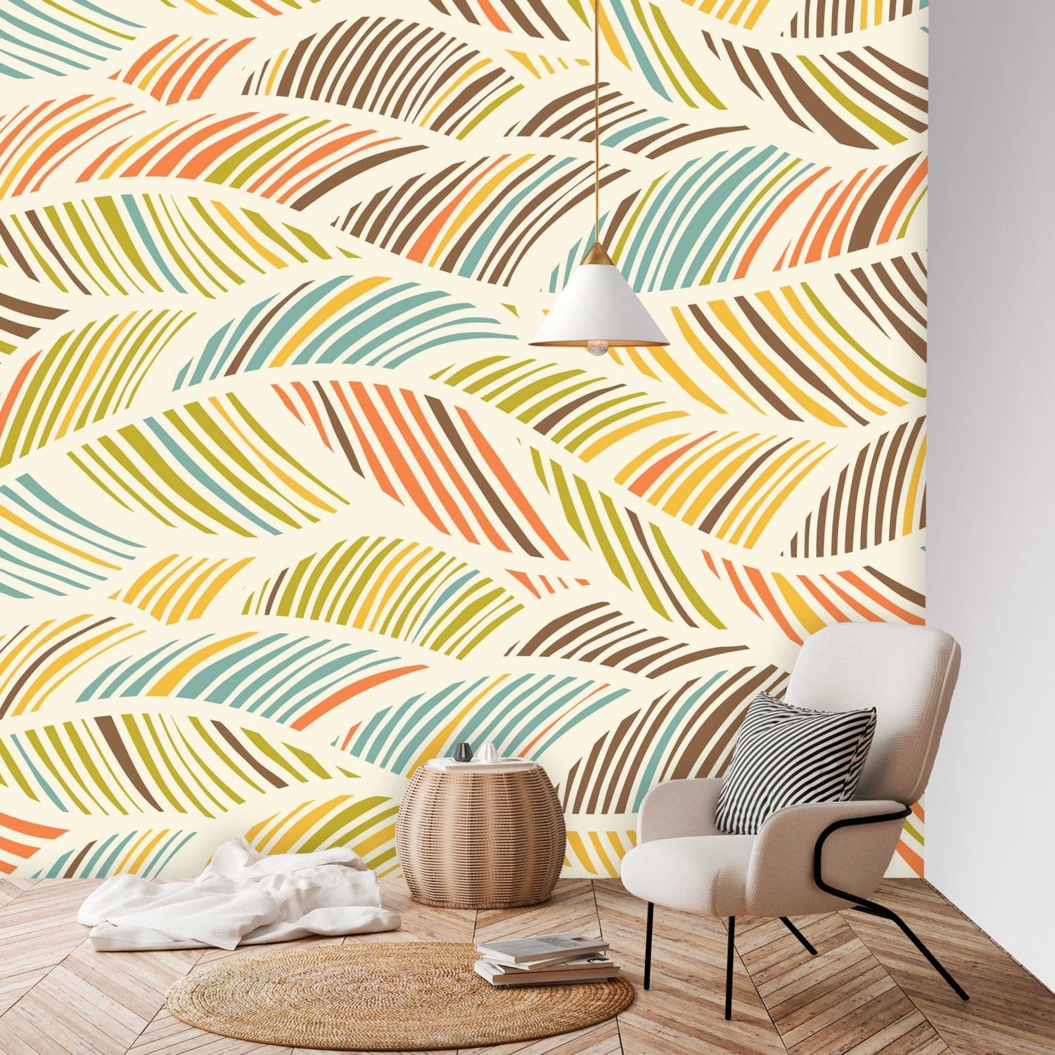 Mid Mod Abstract, Retro Yellow, Orange, Brown, Green Blue, PEEL And Stick Wall Murals Wallpaper H96 x W100