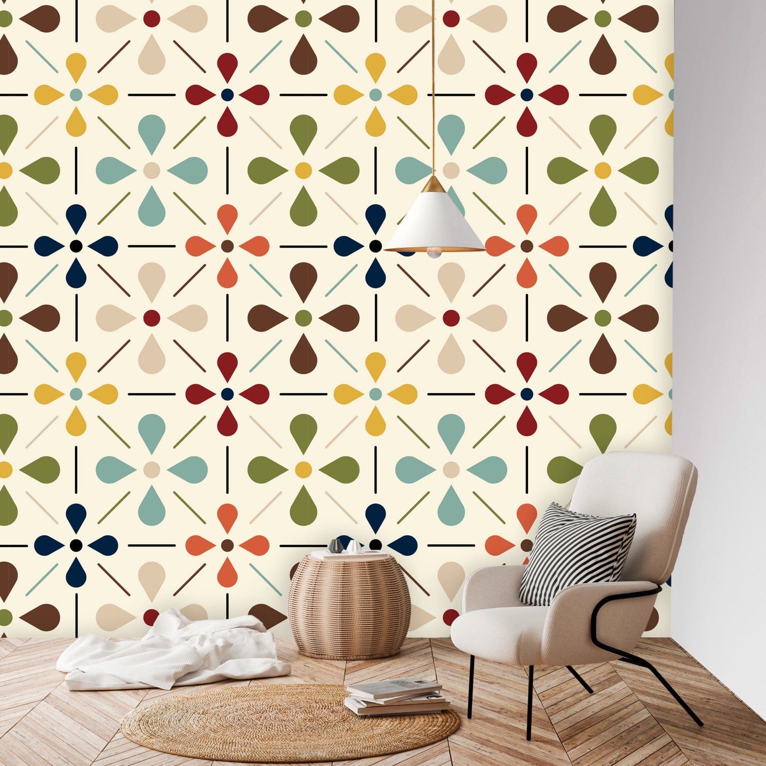 Mid Mod, Retro Scandinavian Flower, Green, Brown, Beige, Yellow, Teal Floral, Mid Century Modern, MCM Peel And Stick Wall Paper Wallpaper H96 x W100