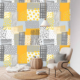 Retro Abstract Art, Peel And Stick, Gray, Yellow, White, Floral Mid Mod Wall Murals Wallpaper H96 x W100
