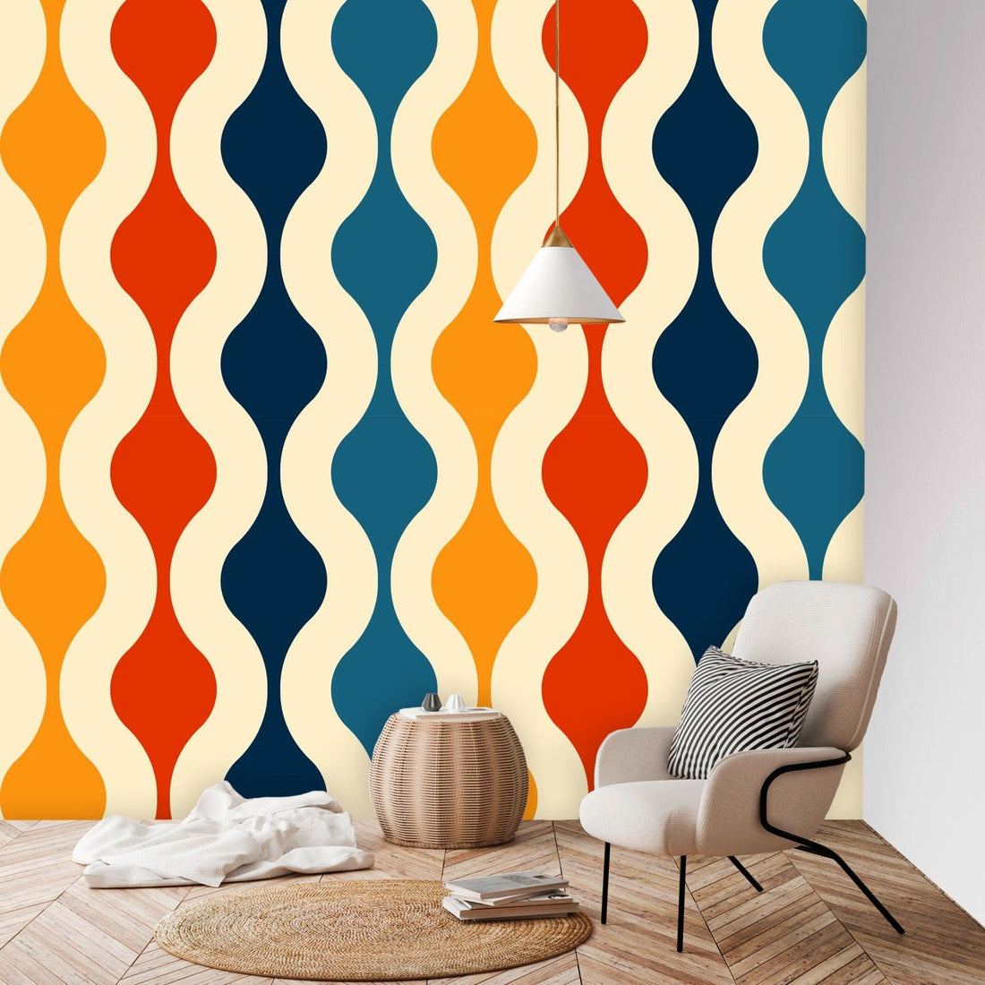 Retro Abstracts, Mid Century Modern Peel And Stick, Mustard Yellow, Red, Blue, Groovy Wall Murals Wallpaper H96 x W100