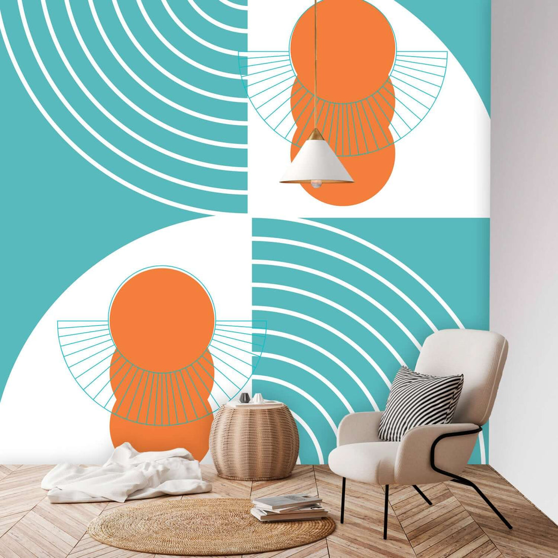 Retro Boho, Aqua Blue, Orange Geometric Abstract Mid Mod Peel And Stick Wall Murals Wallpaper H96 x W100