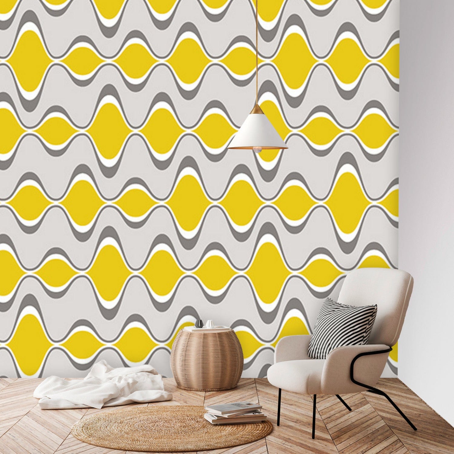 Retro Mid Century Modern, Gray, Yellow, Groovy Geometric Googie Designs, MCM Mid Mod Peel And Stick Wall Mural Wallpaper H96 x W100