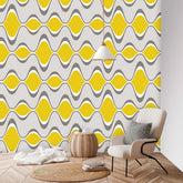 Retro Mid Century Modern, Gray, Yellow, Groovy Geometric Googie Designs, MCM Mid Mod Peel And Stick Wall Mural Wallpaper H96 x W100