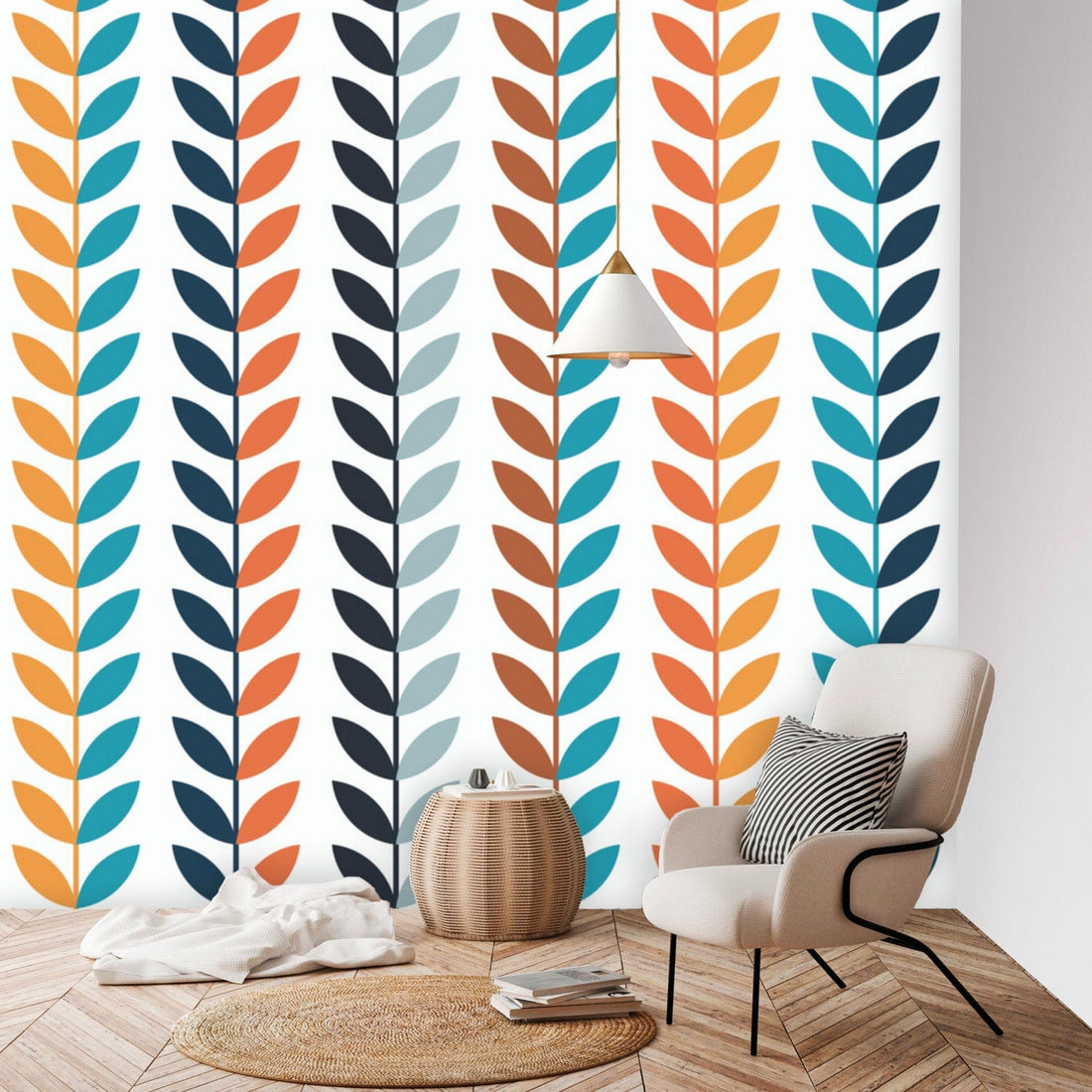 Retro Peel And Stick, Danish Modern Scandinavian Flower Brown Orange Teal Black Gray, Mustard Wall Murals Wallpaper H96 x W100