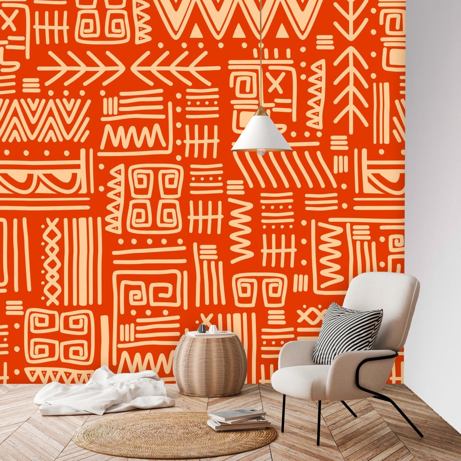 Retro Tiki Home Decor, Dark Orange, Beige, Abstract Art Design, Mid Mod Peel And Stick Wall Murals Wallpaper H96 x W100