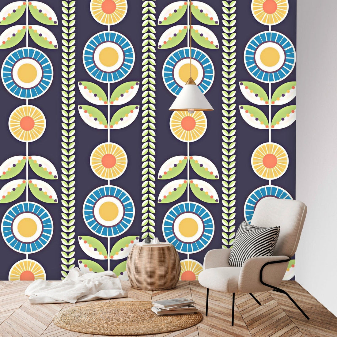 Scandinavian Modern Danish Design, Flower, Norwegian Blue, Green Peel And Stick Wall Murals Wallpaper H96 x W100