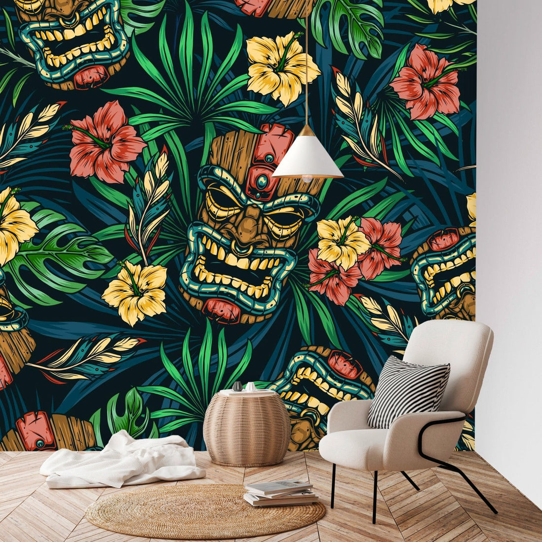 Tiki Home Decor, Retro, Tropical Hibiscus, Retro Hawaiian Tiki PEEL and Stick Wall Murals Wallpaper H96 x W100
