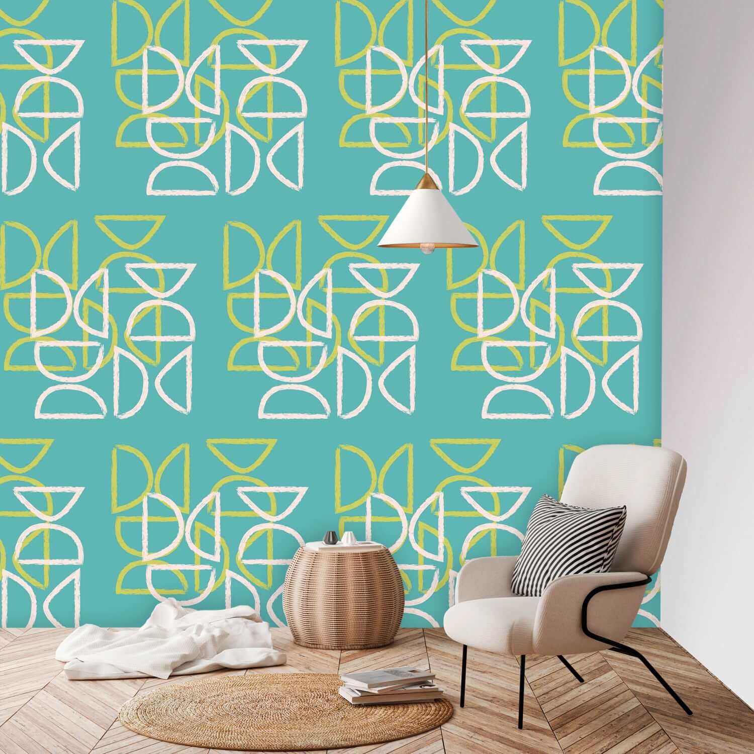 Tiki Wall Mural, Peel And Stick , Teal Blue,  Abstract, Mid Century Modern Wall Murals Wall Paper H96 x W100