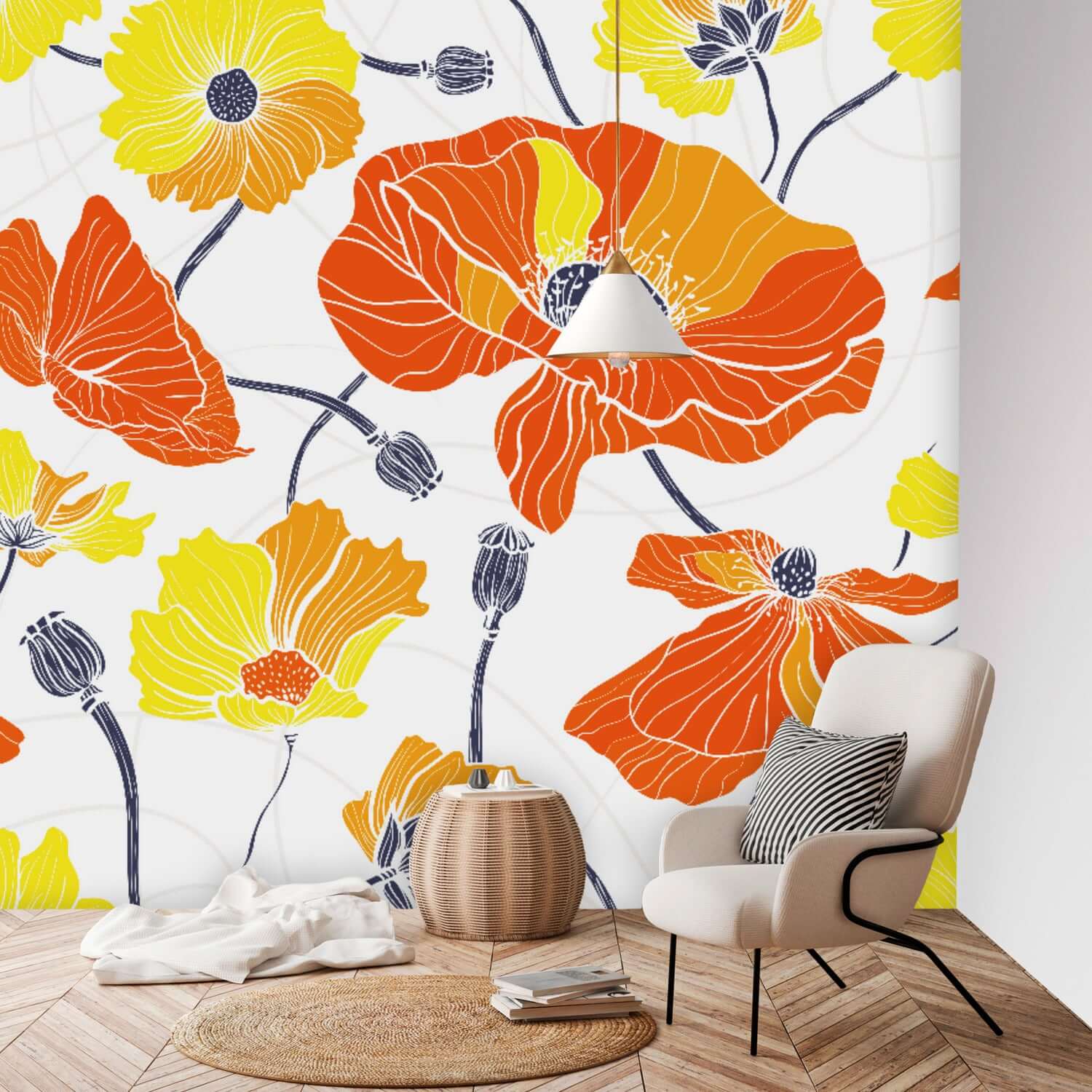 Vintage Poppy, Orange, Bright Yellow, Navy Blue, Boho Retro Peel And Stick Wall Murals Wallpaper H96 x W100