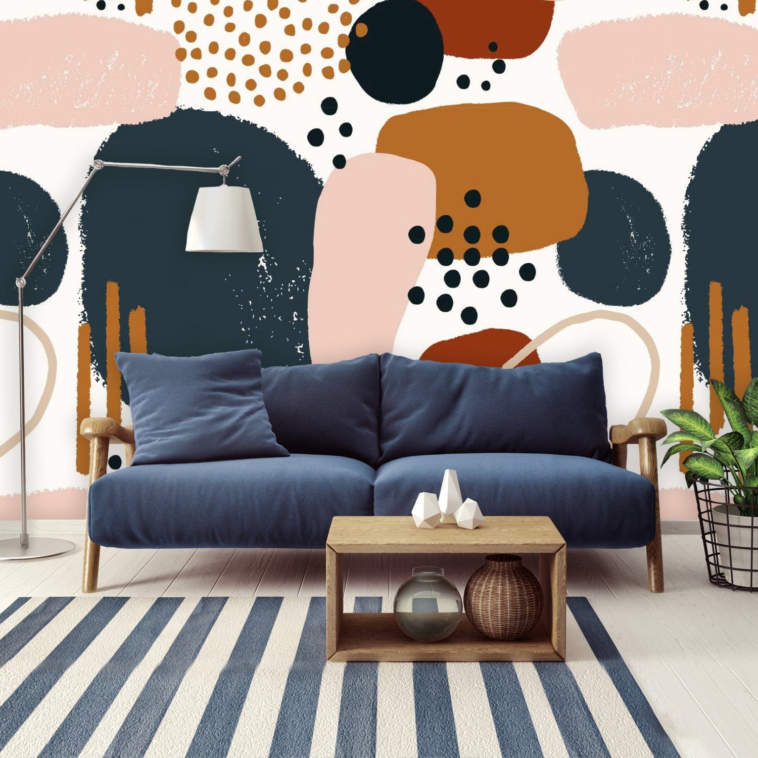 Abstract Watercolor, Boho Brown, Navy Blue, Terracotta, Retro Peel And Stick Mid Mod Wall Murals Wallpaper H96 x W140