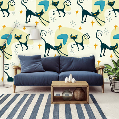 Atomic Cat, Mid Century Modern Peel And Stick Off White, Yellow, Blue Boomerang Wallpaper Wallpaper H96 x W140