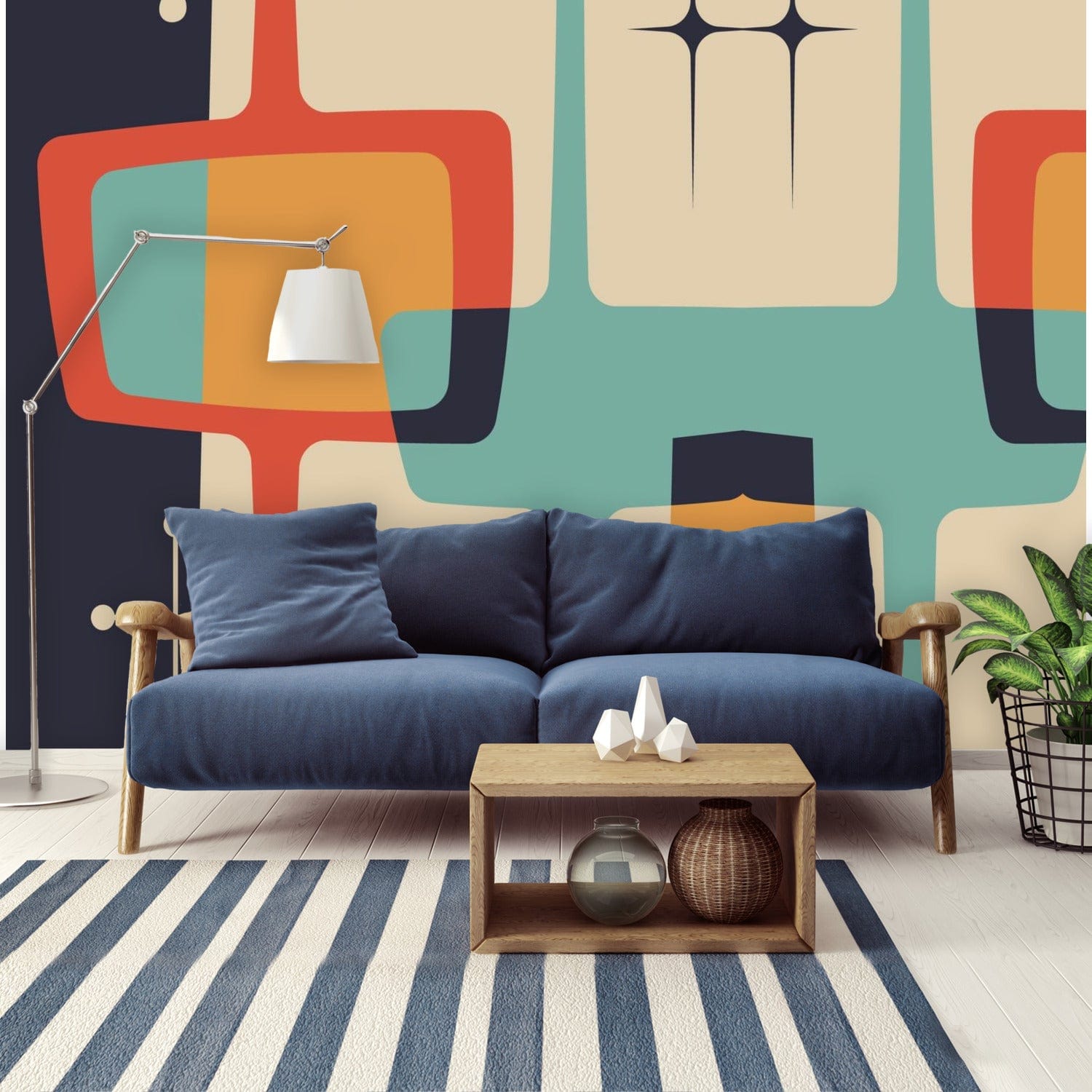 Mid Century Modern Abstract, Geometric Atomic Living, Beige, Yellow, Teal, Charcoal Gray Peel And Stick Wall Murals Wallpaper H96 x W140