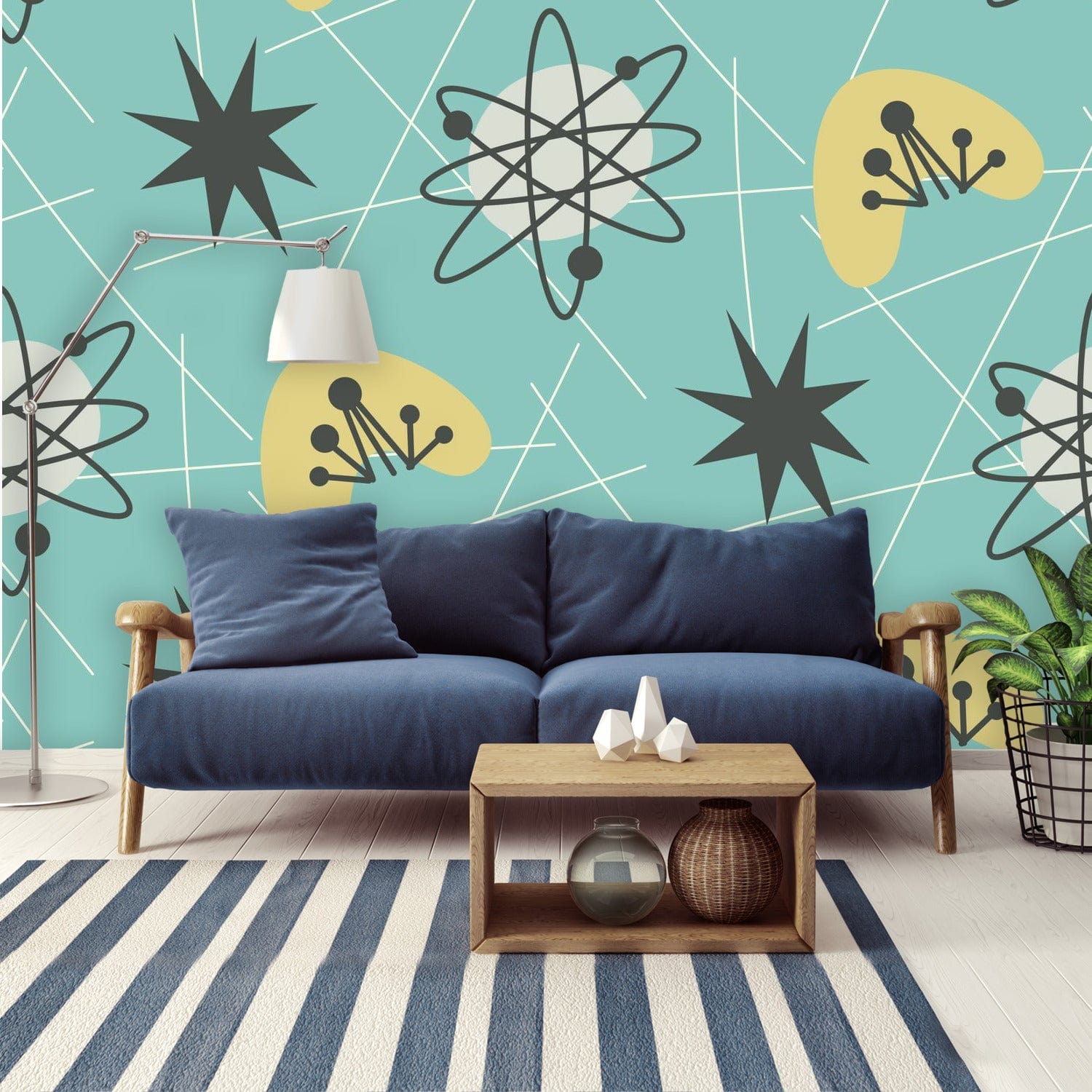 Mid Century Modern, Aqua Blue, Yellow, White, Boomerang, Astro, Peel And Stick Wall Murals Wallpaper H96 x W140