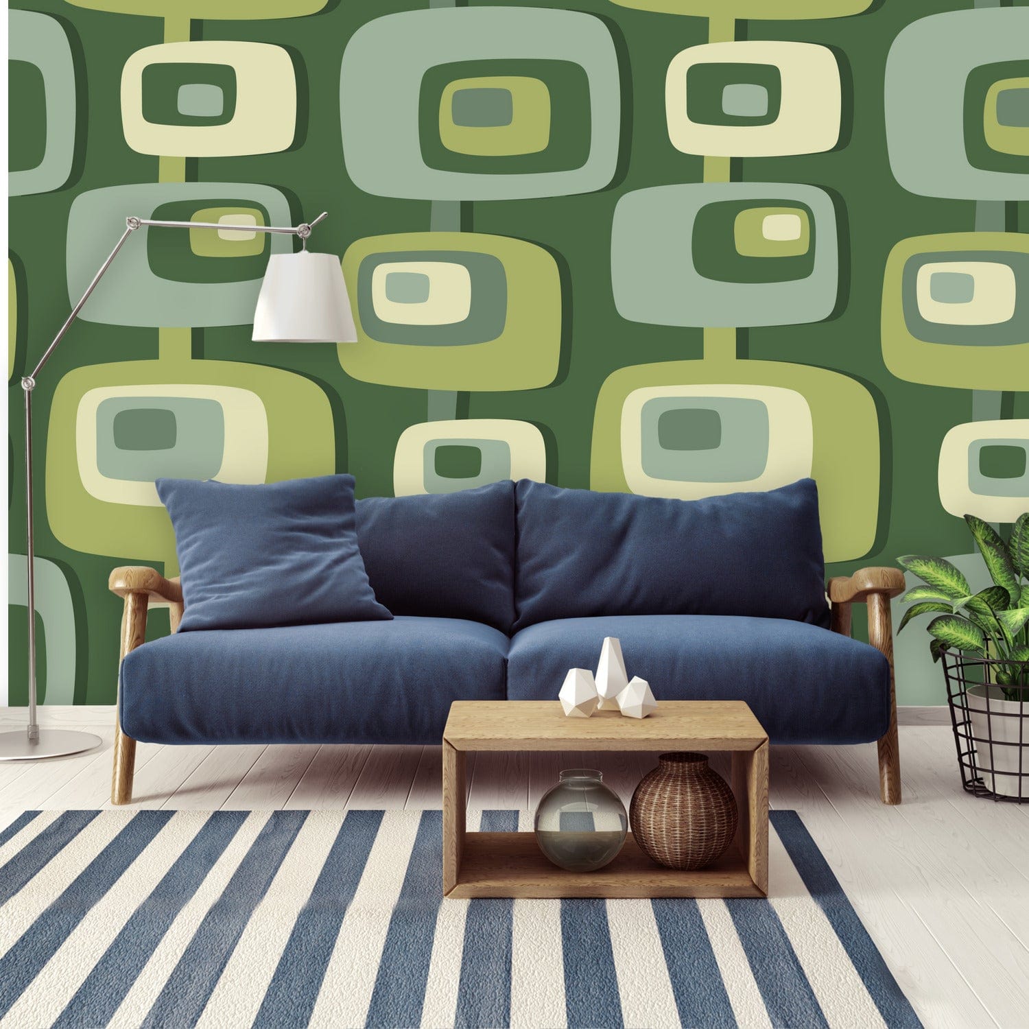 Mid Century Modern Geometric Peel And Stick, Green, Beige, Groovy Wall Murals Wallpaper H96 x W140