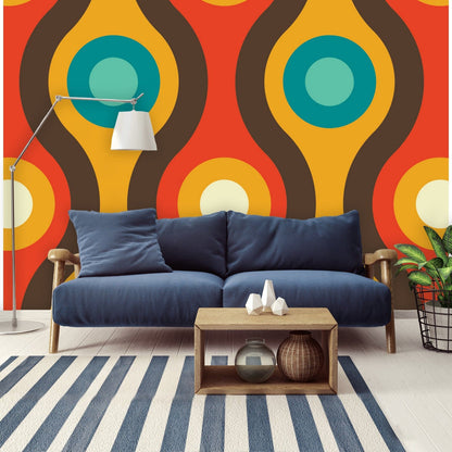 Mid Century Modern Googie Peel And Stick Retro Brown, Mustard Yellow, Teal Blue MCM Wall Murals Wallpaper H96 x W140