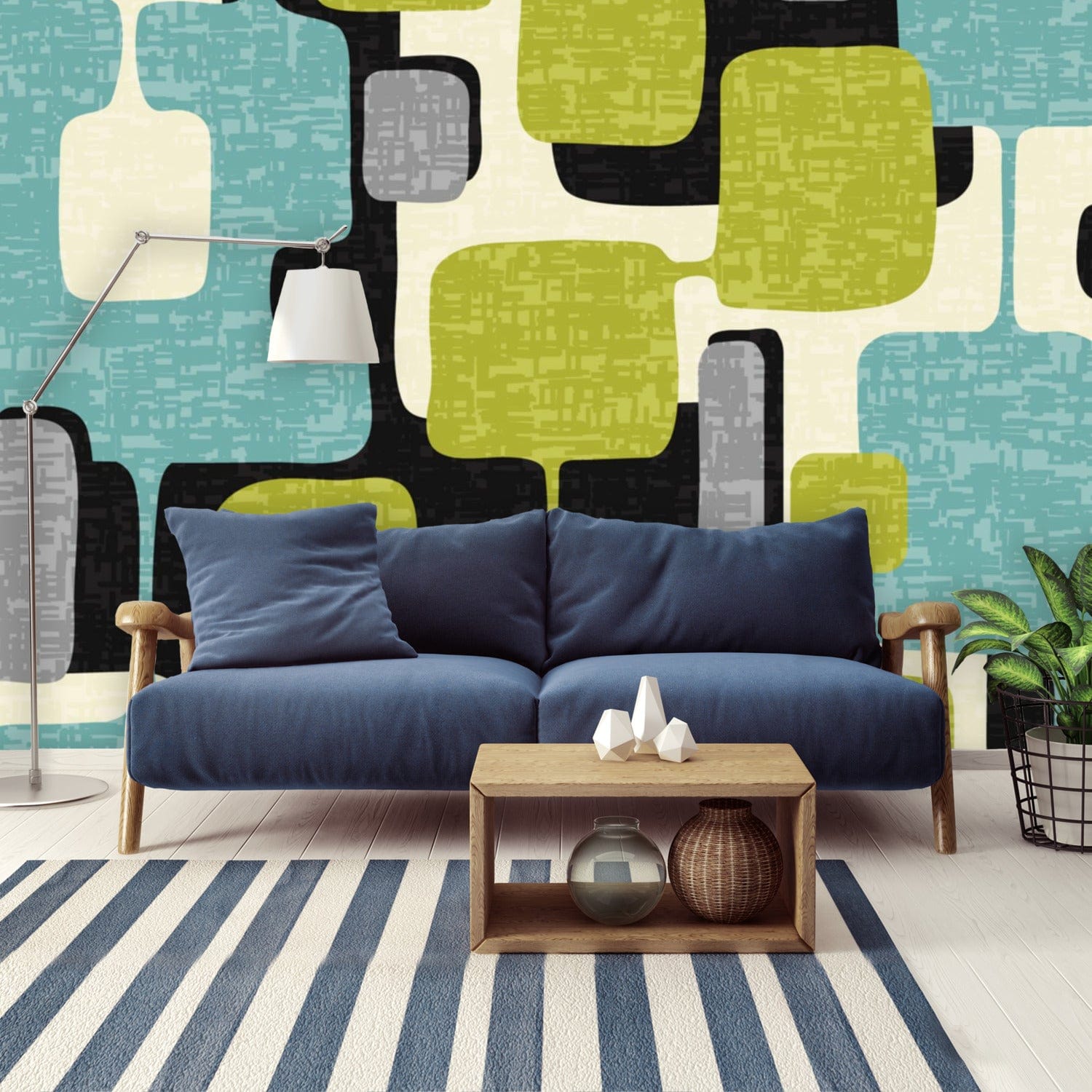 Mid Century Modern Home Décor, Abstract, Gray, Black, Lime Green, Teal Color Block Peel And StickWall Murals Wallpaper H96 x W140