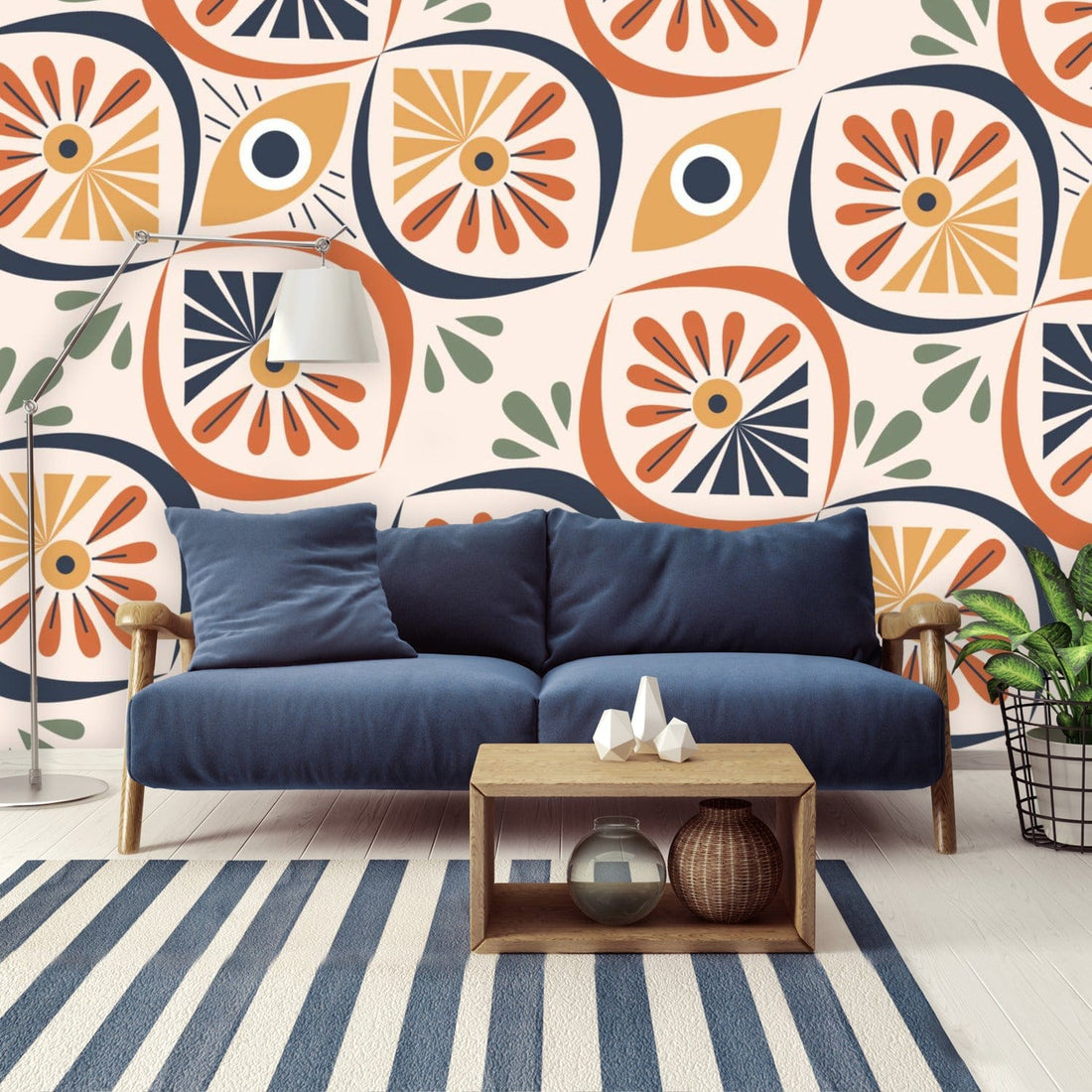 Mid Century Modern, Retro Bohemian, Blue, Yellow, Orange, Sage Green, Geometric Peel And Stick Wall Murals Wallpaper H96 x W140