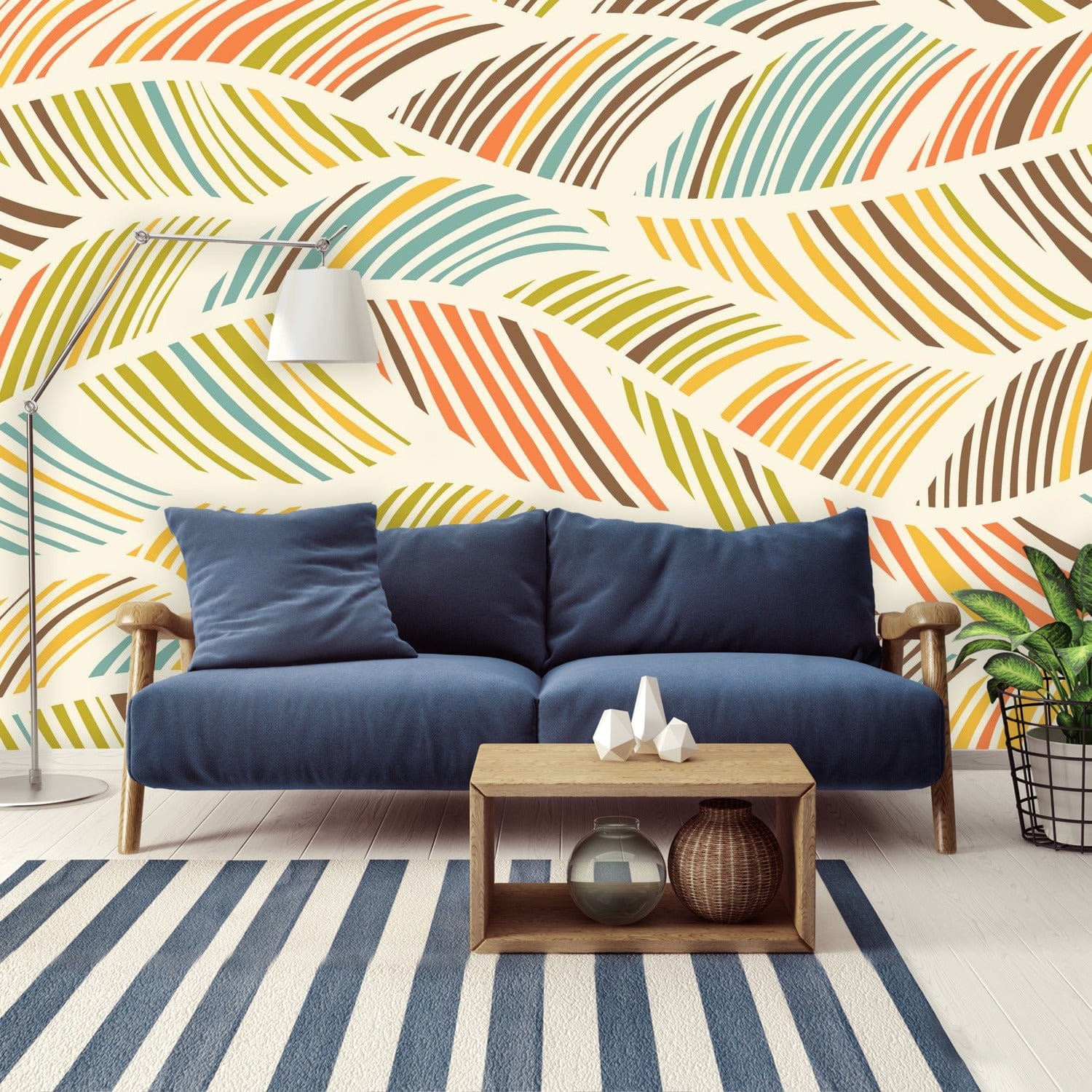Mid Mod Abstract, Retro Yellow, Orange, Brown, Green Blue, PEEL And Stick Wall Murals Wallpaper H96 x W140