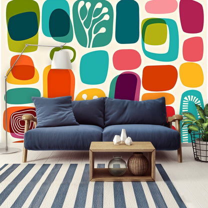 Mid Mod Amoeba Geometric Retro Teal, Aqua, Orange, Green, Abstract Art Mid Century Modern  Peel And StickWall Murals Wallpaper H96 x W140