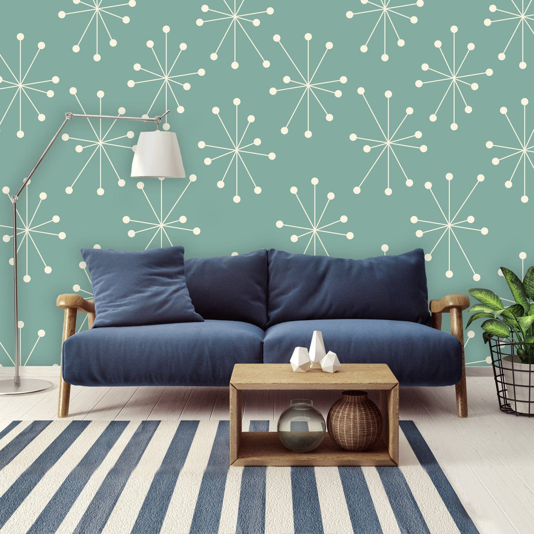 Mid Mod Blue-Green, Beige Astro Stars, Mid Century Modern Peel And Stick Wall Murals Wallpaper H96 x W140