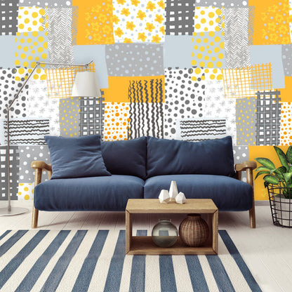 Retro Abstract Art, Peel And Stick, Gray, Yellow, White, Floral Mid Mod Wall Murals Wallpaper H96 x W140