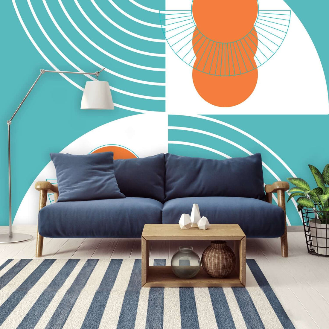 Retro Boho, Aqua Blue, Orange Geometric Abstract Mid Mod Peel And Stick Wall Murals Wallpaper H96 x W140