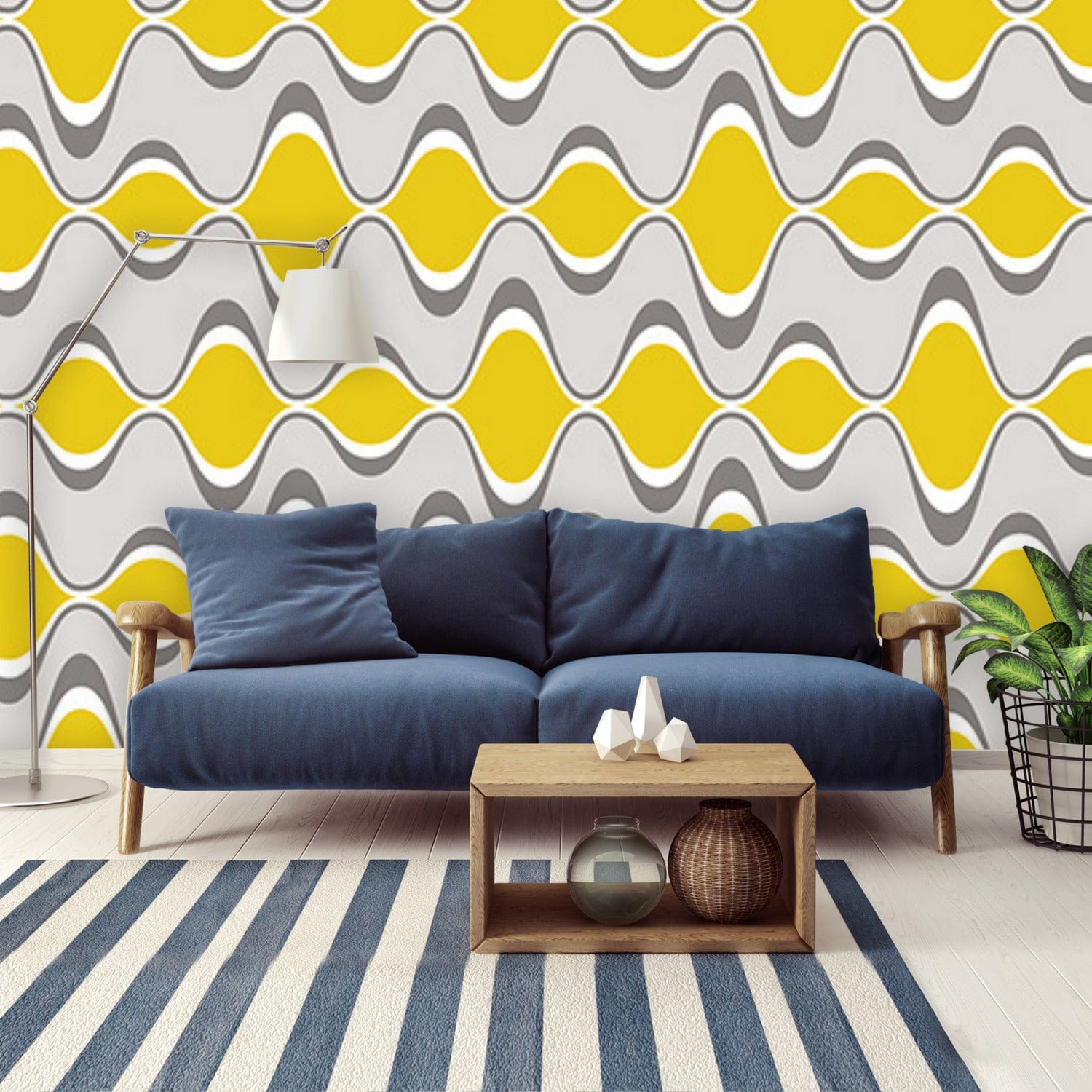 Retro Mid Century Modern, Gray, Yellow, Groovy Geometric Googie Designs, MCM Mid Mod Peel And Stick Wall Mural Wallpaper H96 x W140