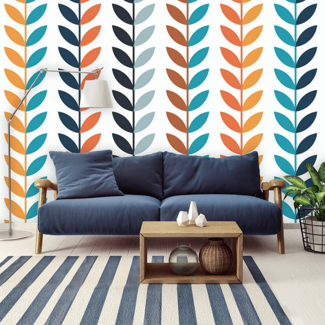 Retro Peel And Stick, Danish Modern Scandinavian Flower Brown Orange Teal Black Gray, Mustard Wall Murals Wallpaper H96 x W140