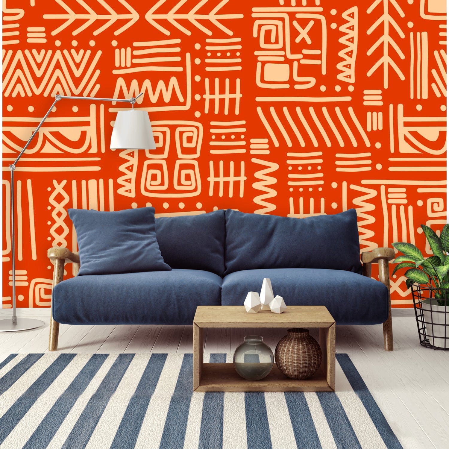 Retro Tiki Home Decor, Dark Orange, Beige, Abstract Art Design, Mid Mod Peel And Stick Wall Murals Wallpaper H96 x W140