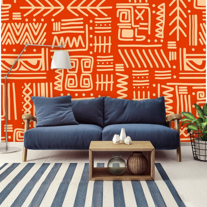 Retro Tiki Home Decor, Dark Orange, Beige, Abstract Art Design, Mid Mod Peel And Stick Wall Murals Wallpaper H96 x W140