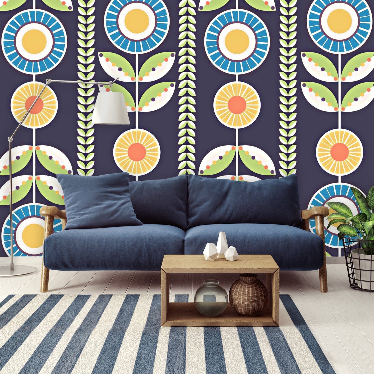 Scandinavian Modern Danish Design, Flower, Norwegian Blue, Green Peel And Stick Wall Murals Wallpaper H96 x W140