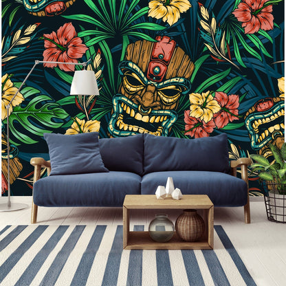 Tiki Home Decor, Retro, Tropical Hibiscus, Retro Hawaiian Tiki PEEL and Stick Wall Murals Wallpaper H96 x W140