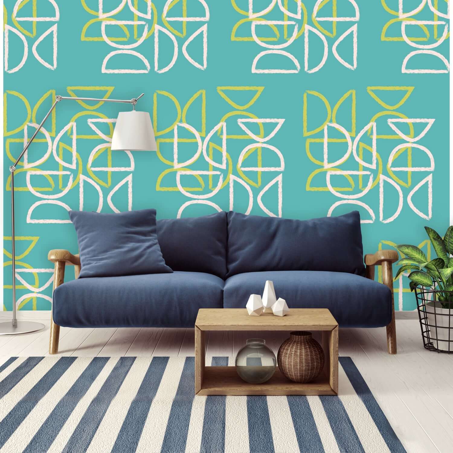 Tiki Wall Mural, Peel And Stick , Teal Blue,  Abstract, Mid Century Modern Wall Murals Wall Paper H96 x W140