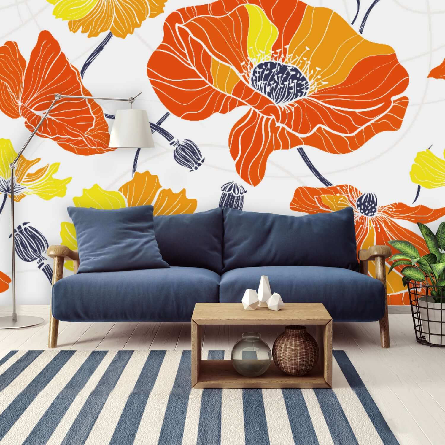 Vintage Poppy, Orange, Bright Yellow, Navy Blue, Boho Retro Peel And Stick Wall Murals Wallpaper H96 x W140