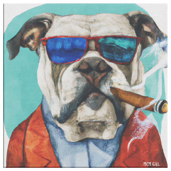 Hipster Bulldog Art, Smoking Cigar, Mid Century Modern Canvas Custom Wall Art