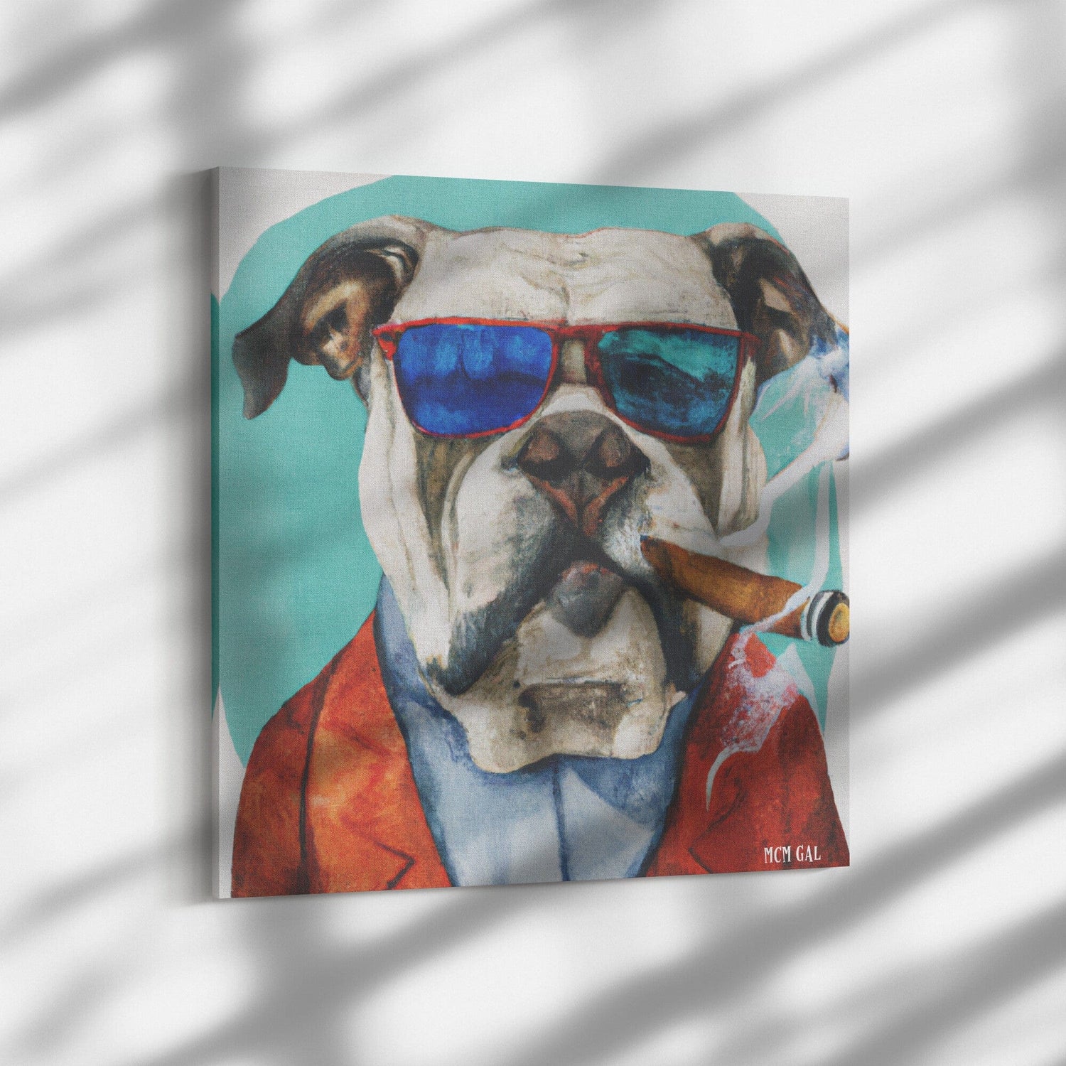 Hipster Bull Dog Art, Smoking Cigar, Mid Century Modern Canvas Custom Wall Art Wall Art