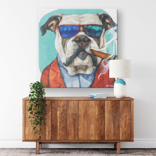 Hipster Bulldog Art, Smoking Cigar, Mid Century Modern Canvas Custom Wall Art