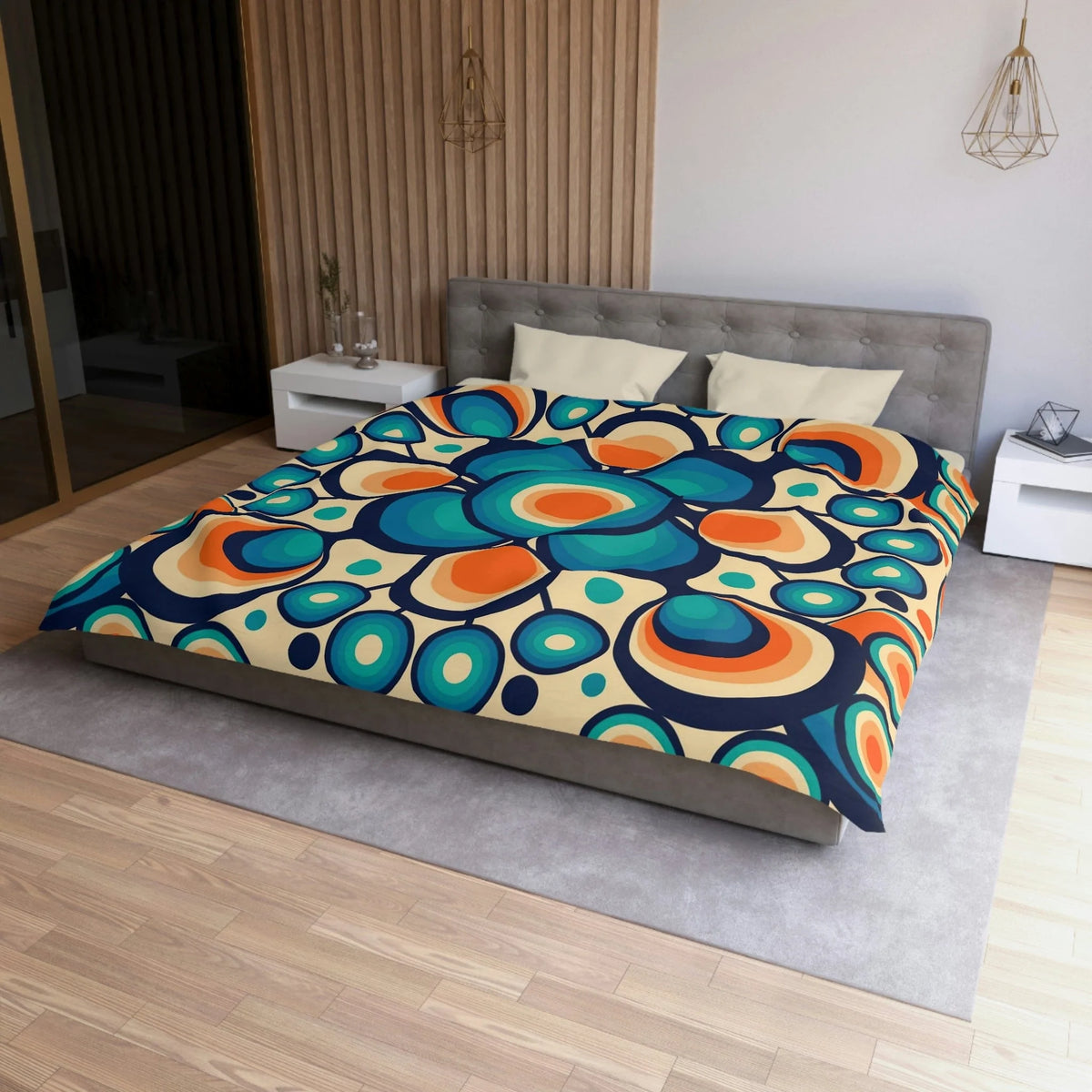 Mid Mod, Retro 60s 70s Bedding, Blue, Orange Orbs King Or Queen Duvet Home Decor King / Cream