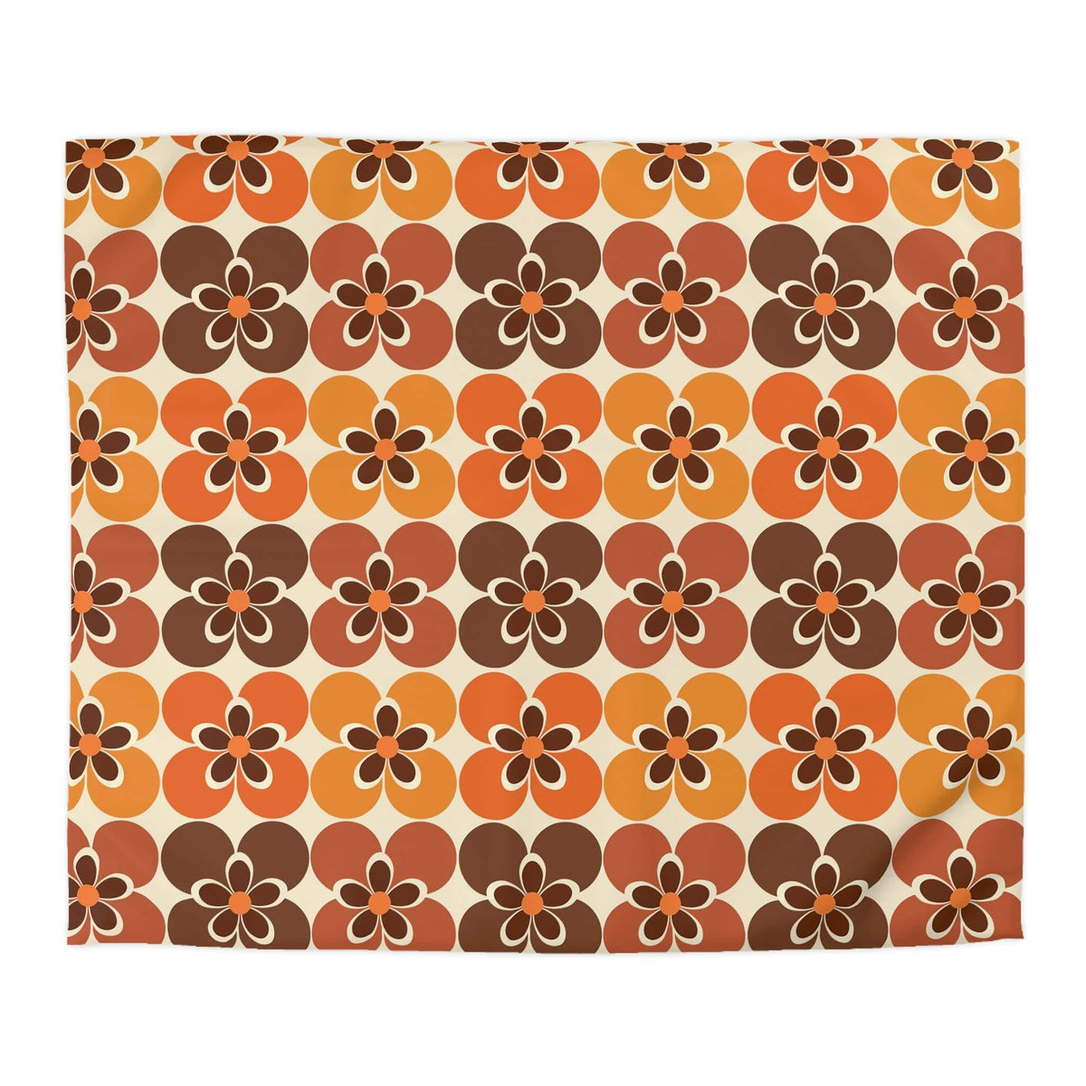Flower Power Retro Bedding, Brown, Orange, Cream Groovy 70's Duvet Cover Home Decor King / White