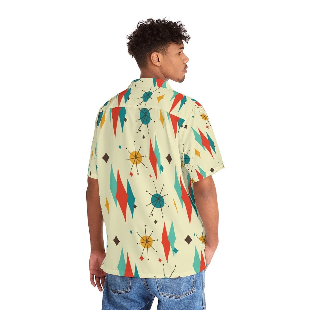 Men's Hawaiian Shirt, MCM Retro, Starburst, Beige, Teal, Yellow, Astro Mid Century Modern Casual Summer Party Shirt All Over Prints L / Black