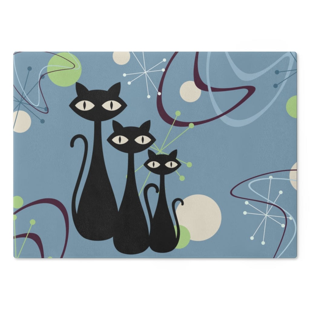 Atomic Cat, Three Black Kitties Blue, Purple, Green, Retro Mid Century Modern Boomerang Glass Cutting Board Home Decor Large