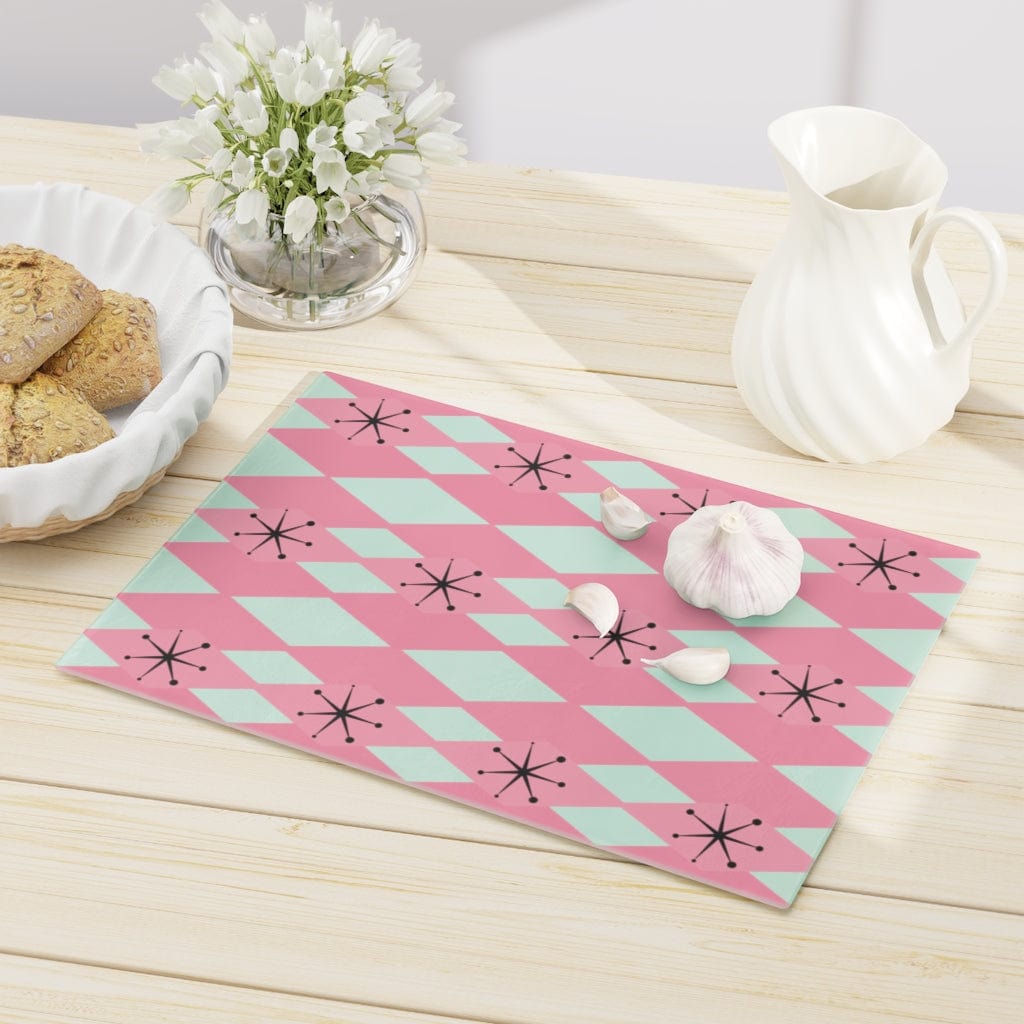 Retro Kitchen Glass Cutting Board Turquoise Blue, Pink Atomic 50&