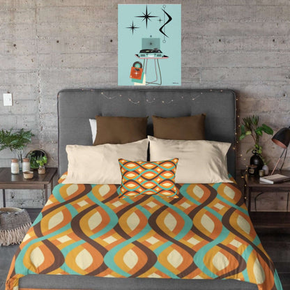 MCM Home Decor Retro Orange, Brown, Mustard Yellow And Teal Blue Mid Century Modern Microfiber Duvet Cover Queen Or Twin