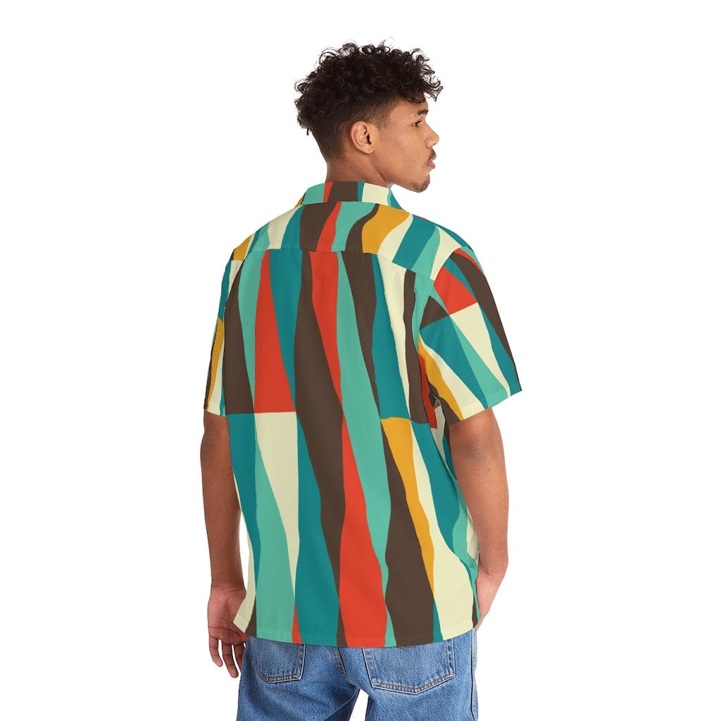 Men's Hawaiian Shirt, Mid Century Modern, Abstract Stripes, Brown, Harvest Yellow, Beige, Burnt Orange, Retro Party Mod Shirt All Over Prints